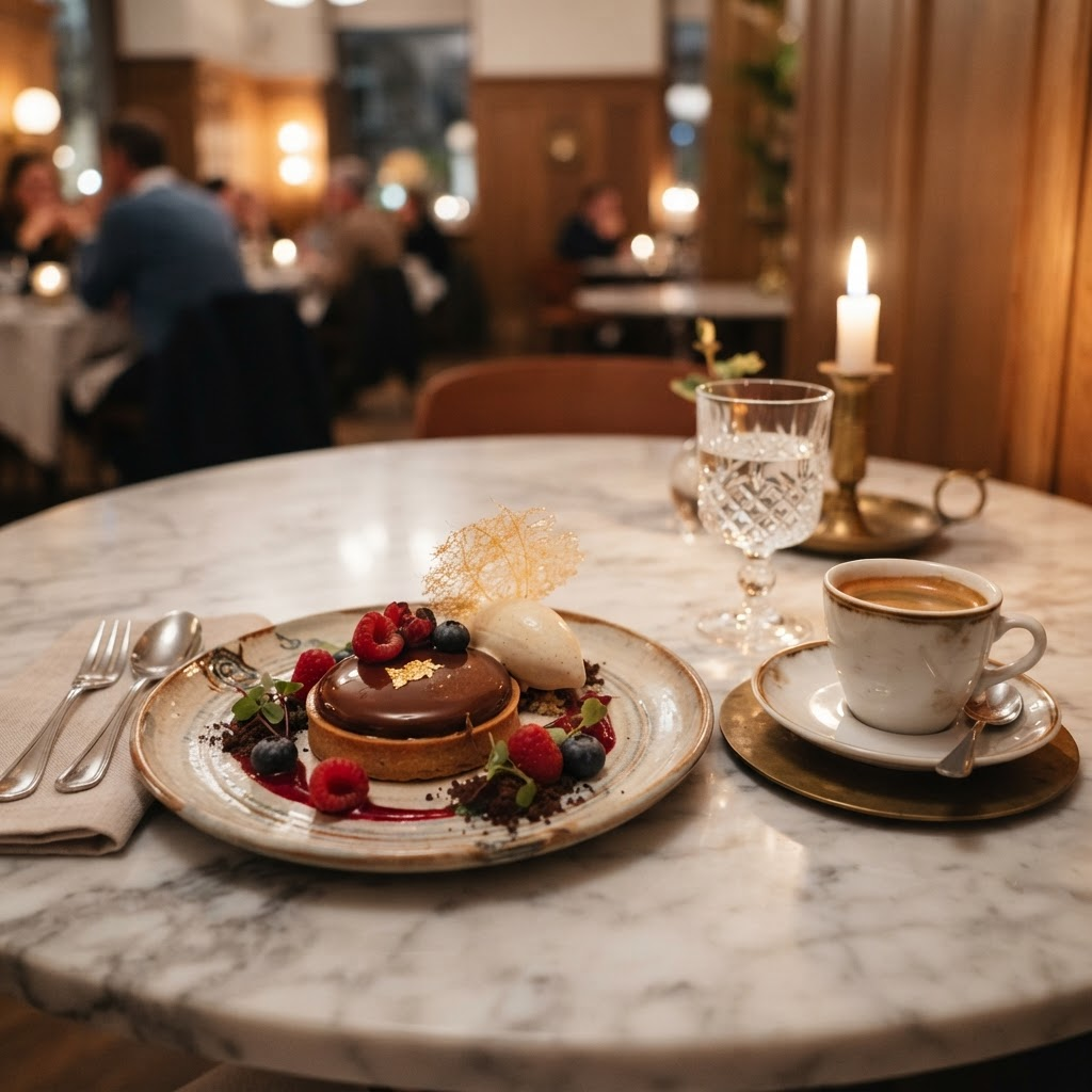 Elegant dessert and coffee on a marble table