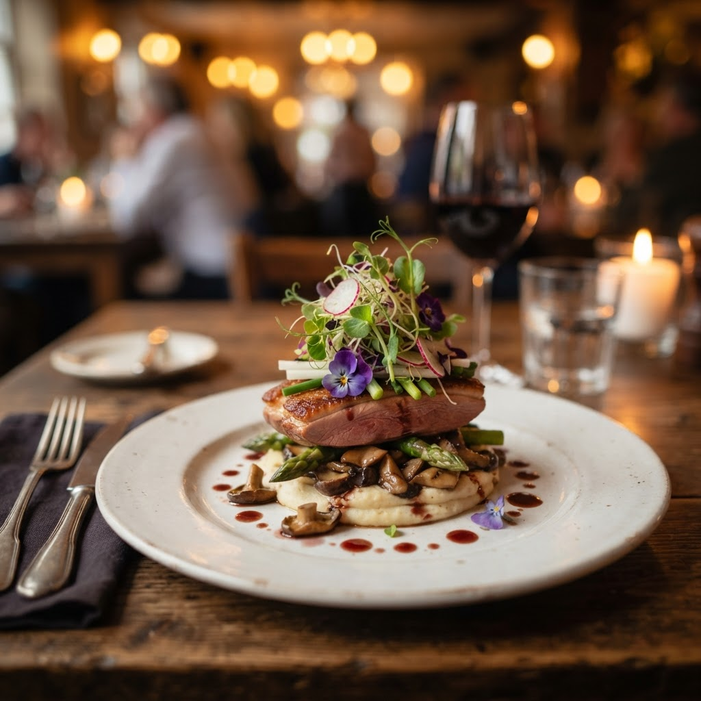Signature plated dish with warm restaurant lighting