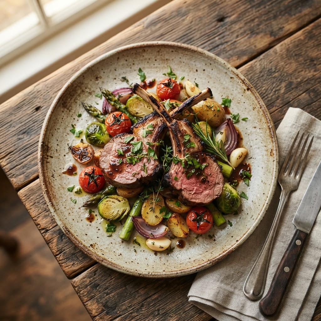 Herb-grilled lamb with roasted vegetables